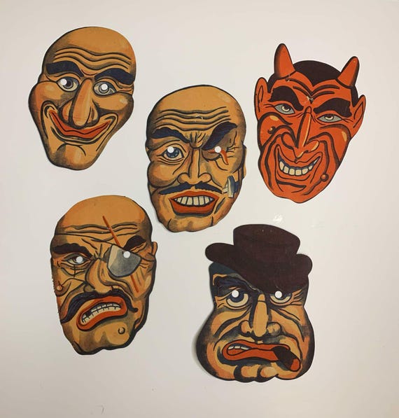 Group of 5 Original Vintage Die Cut Halloween Masks - Made in Japan