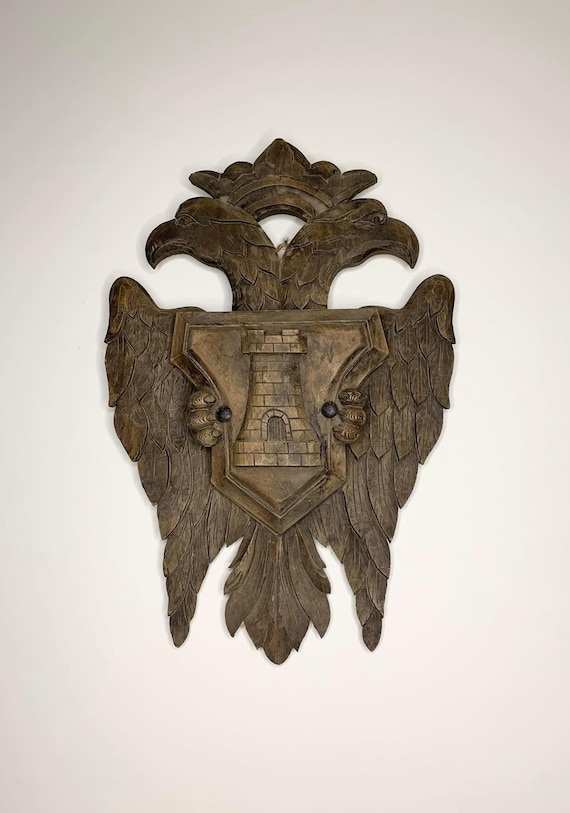 Vintage Double Eagle Crest Wood Wall Carving
