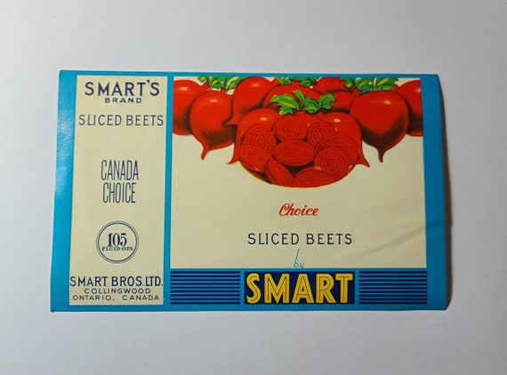 New Old Stock - 1960s Smart's Canned Food Label - Smart Bros. Ltd. Collingwood, Ontario, Canada - Choice Sliced Beets - Great Gift Idea