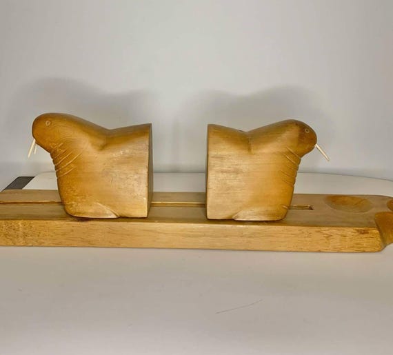 Indigenous Made Carved Wooden Walrus Sliding Bookends - Signed by Artist