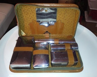 Vintage Genuine Cowhide Gentleman&#39;s Travel Bath / Shaving Kit, Complete Six (6) Piece Set - Made in Canada - Great Gift Idea