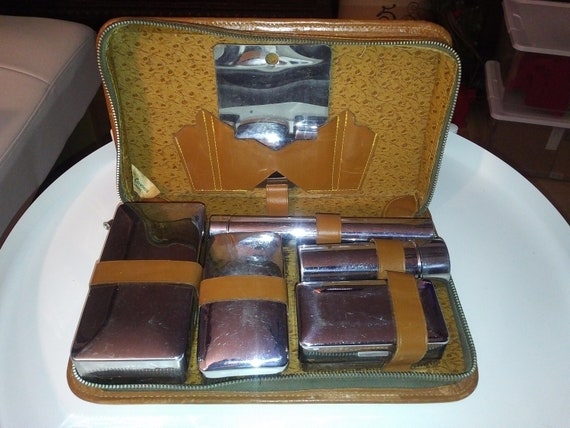Vintage Genuine Cowhide Gentleman's Travel Bath / Shaving Kit, Complete Six (6) Piece Set - Made in Canada - Great Gift Idea