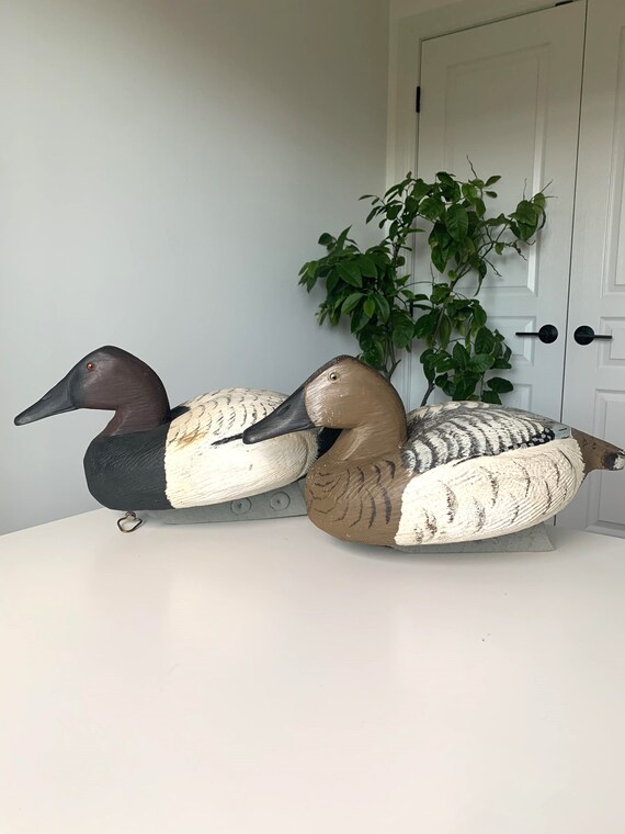 Male & Female Pair of Wooden Canvas Back Decoys - Signed Made by Tom Martindale,  1000 Islands, Ontario, Canada - Fixed Shipping Cost