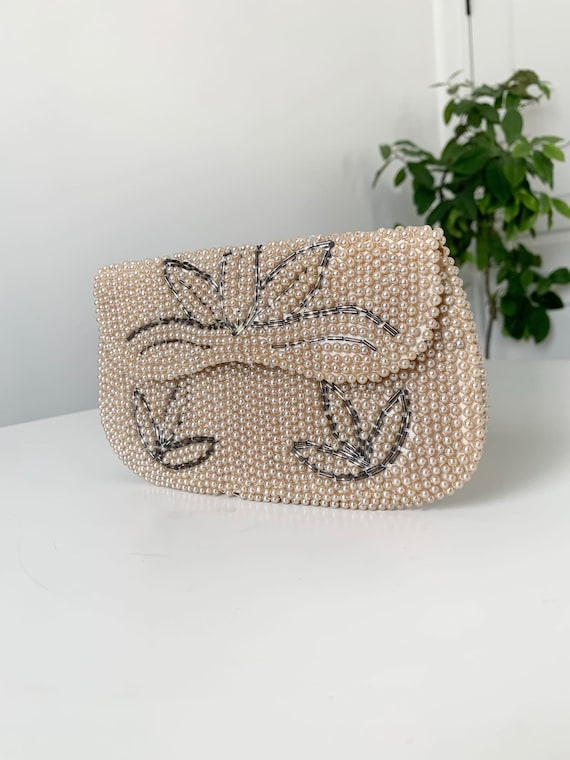 Clutch Purse Adorned in Faux Pearls, Satin Lined