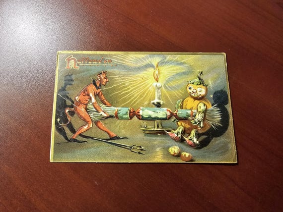 Antique Embossed Halloween Post Card Jack O'Lantern & Devil Tug Of War, Embossed Tuck's Post Card Series No 150