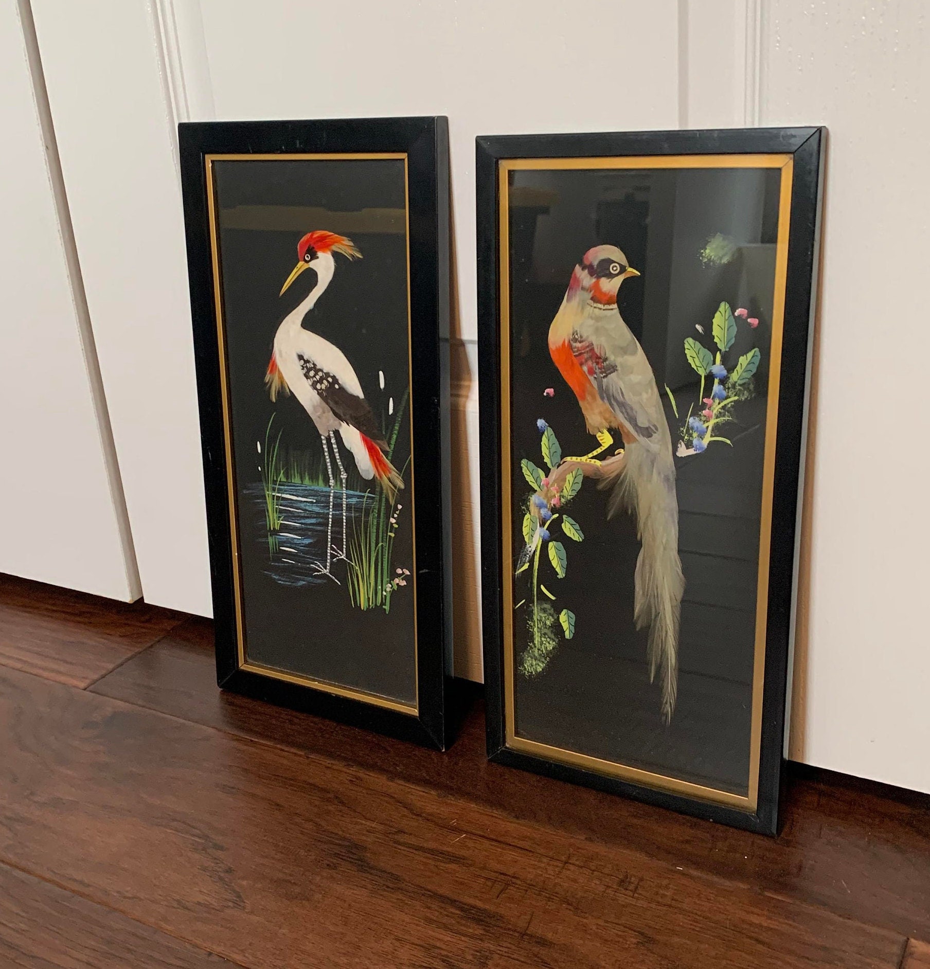 Pair of Two Vintage Framed Portraits of Birds - Done in Feathers