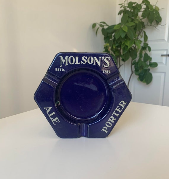 Vintage Molson's Porter Beer Ale Porcelain Enamel Coated Blue Ashtray