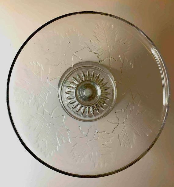 Maple Leaf Decorated Pressed Glass Pedestal Cake Plate