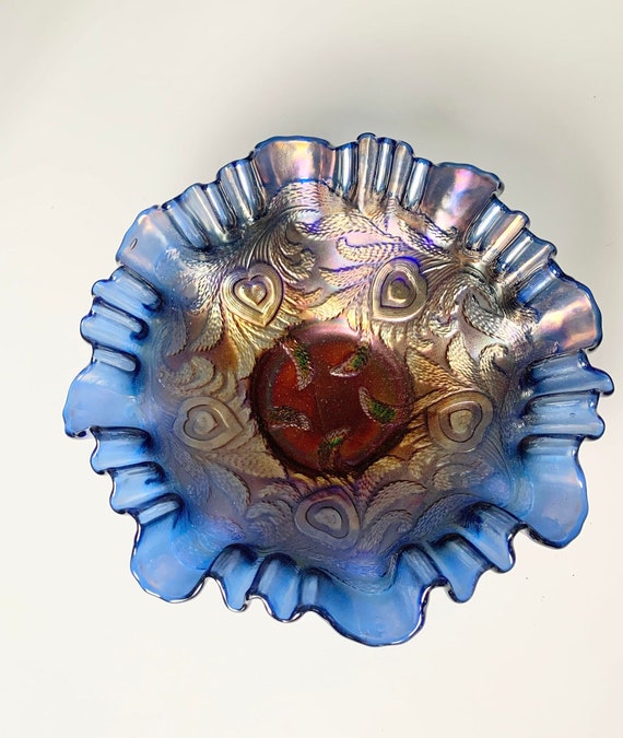 Vintage Fenton Heart and Vine  Candy Ribbon Edged Bowl - Blue Coloring - Gift for that Special Someone!