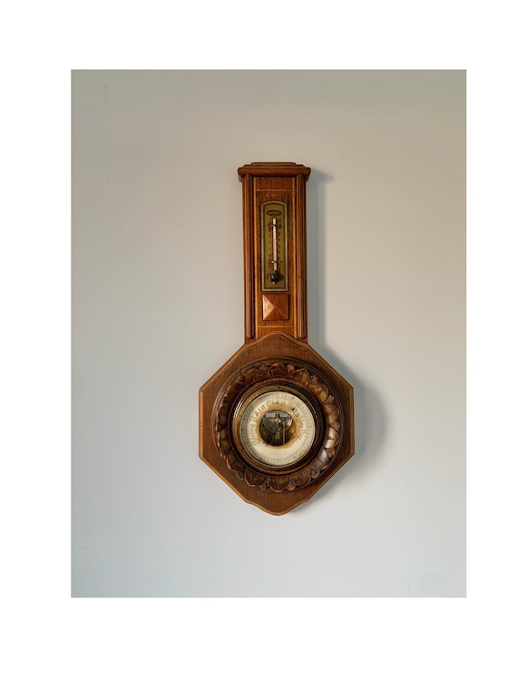 Large Antique Victorian Carved Wood Wall Aneroid Barometer - Made in the USA