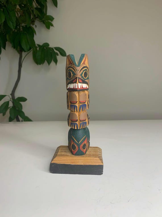 Small Canadian West Coast Painted Cedar Totem Pole Featuring Bear and Frog