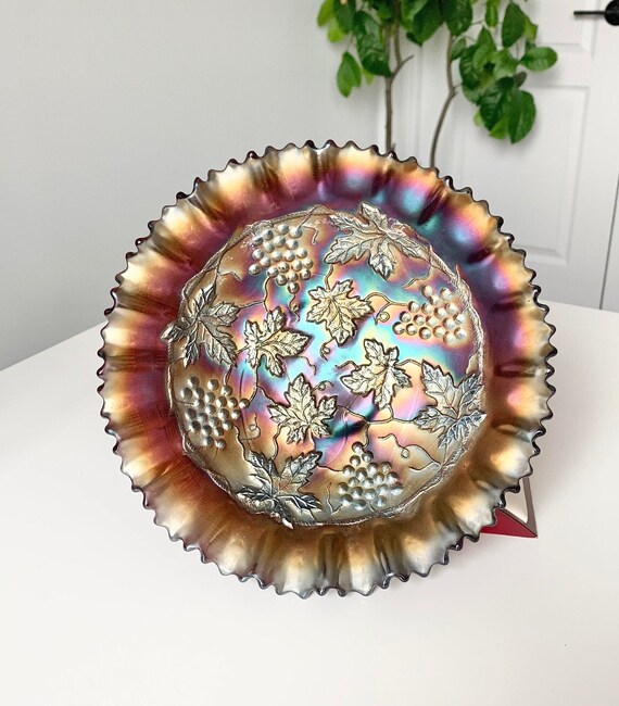 Amethyst Blue Iridescent Carnival Glass Grape and Cable Basket Weave Bowl