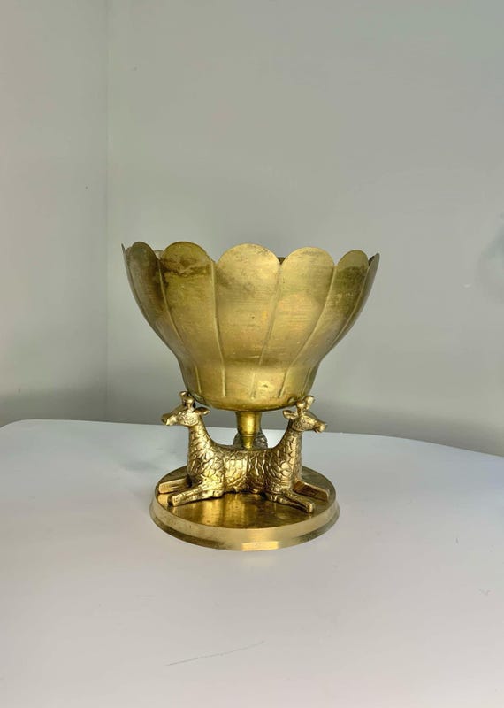 Vintage Brass Giraffe Scalloped Planter