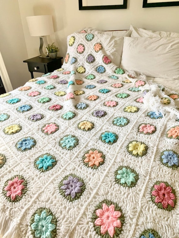 Large Hand Crocheted Flowered Afghan with 5" Fringe