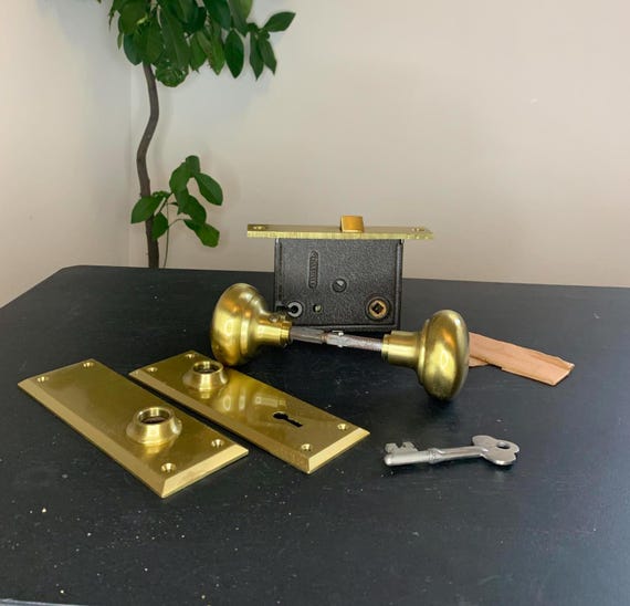 NOS Antique Brass Exit Door Lockset "Belleville" in Original Box with Key