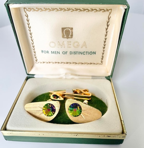 Omega Crystal Cufflinks and Tie Clip Goldtone Set in Original Box