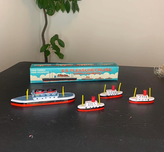 NOS Vintage Birthday Cake Topper - S.S. Pleasure Cruise Candle Holder Set in Original Box - Made in Japan