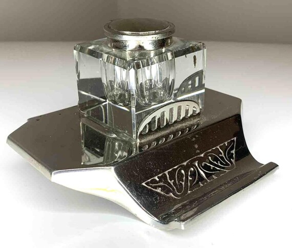 Chrome and Glass Ink Well with Double Pen Holder