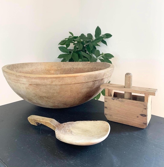 Primitive Munising No 2 Wooden Dough / Butter Bowl with Butter Paddle and Butter Mold
