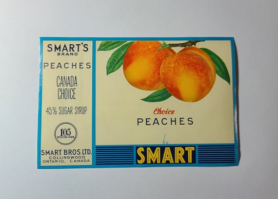New Old Stock - 1960s Smart's Canned Food Label - Smart Bros. Ltd. Collingwood, Ontario, Canada - Choice Peaches - Great Gift Idea