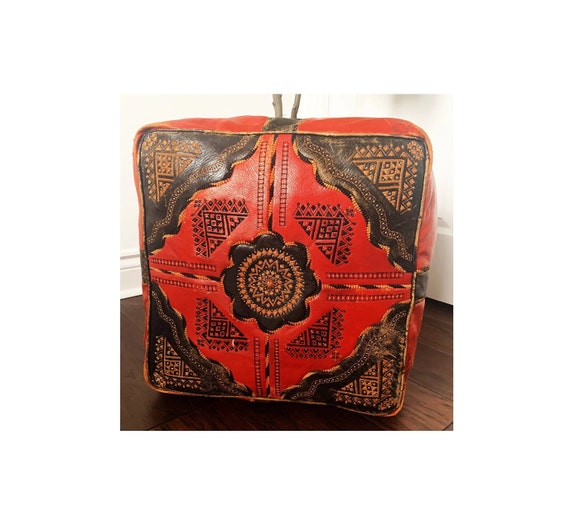 Vintage Moroccan Leather Hassock Poufs Footstool - Fixed Shipping Cost