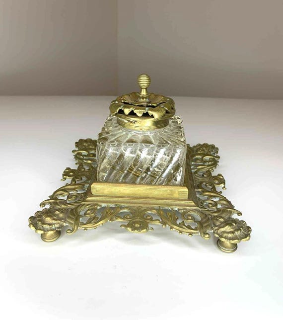 Ornate Vintage Solid Brass Ink Well Holder With Crystal Well