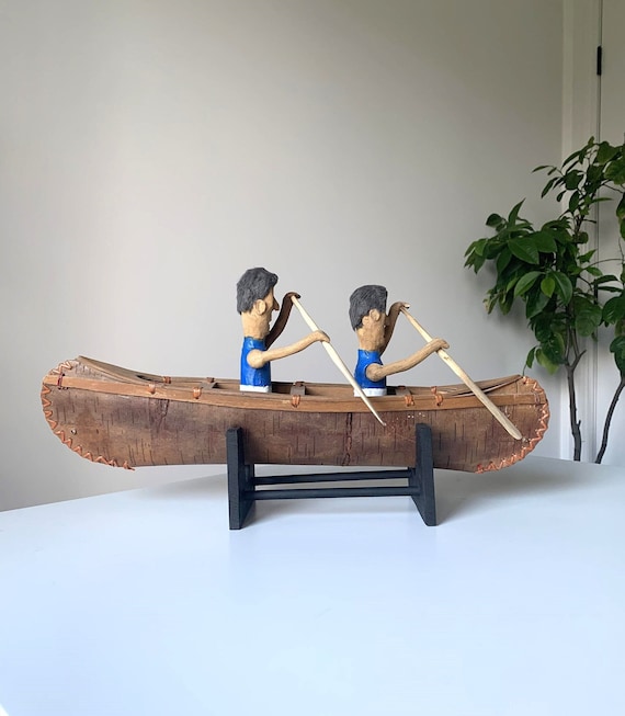 Vintage Quebec Folk Art Canoe with the Richard Brothers (Montreal Canadiens Hockey Team) with Stand
