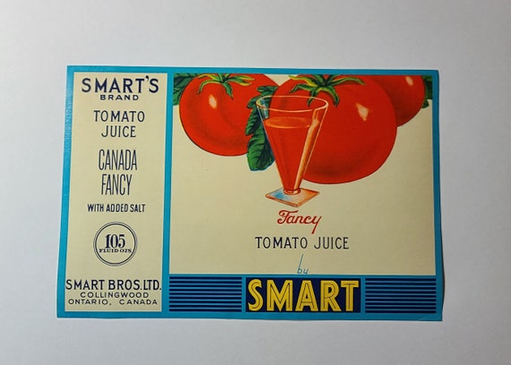 New Old Stock - 1960s Smart's Canned Food Label - Smart Bros. Ltd. Collingwood, Ontario, Canada - Fancy Tomato Juice - Great Gift Idea