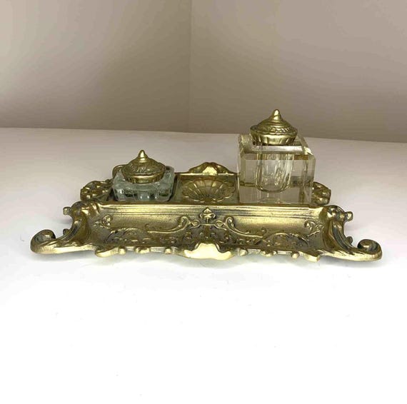 Ornate Vintage Solid Brass Double Ink Well With Double Glass Wells