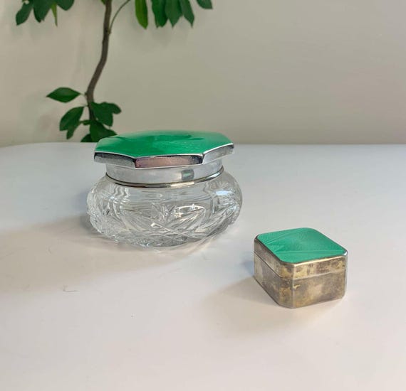 Art Deco Sterling Silver Ring Box Davis, Moss & Company with Matching Dresser Jar