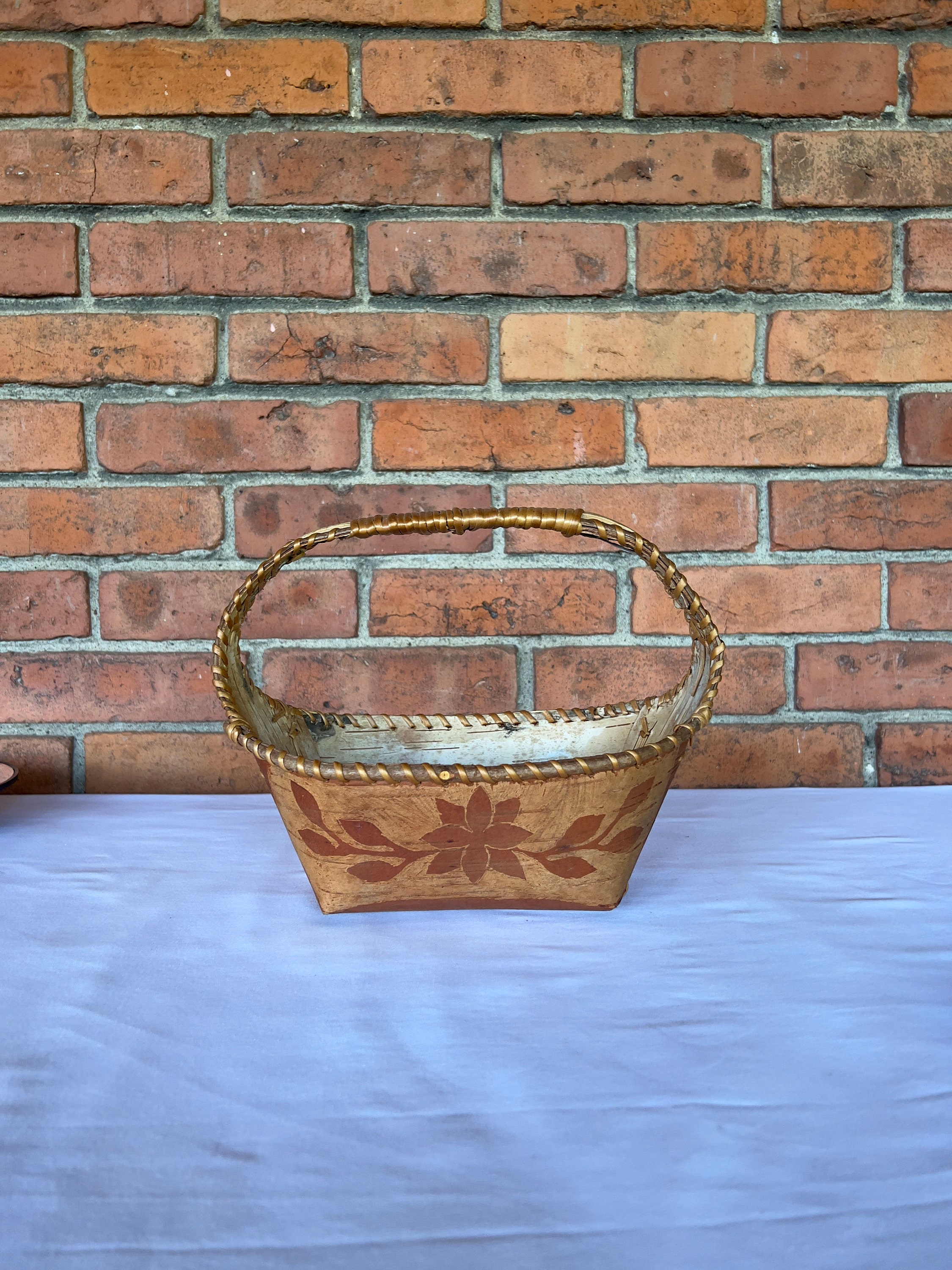 Canadian Indigenous Birch Bark Basket With Flower Pattern Etsy