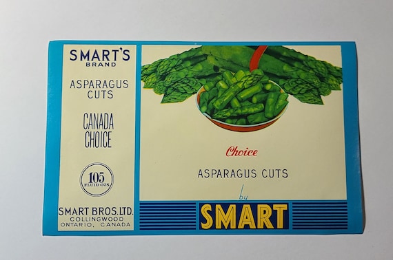 New Old Stock - 1960s Smart's Canned Food Label - Smart Bros. Ltd. Collingwood, Ontario, Canada - Choice Asparagus Cuts - Great Gift Idea