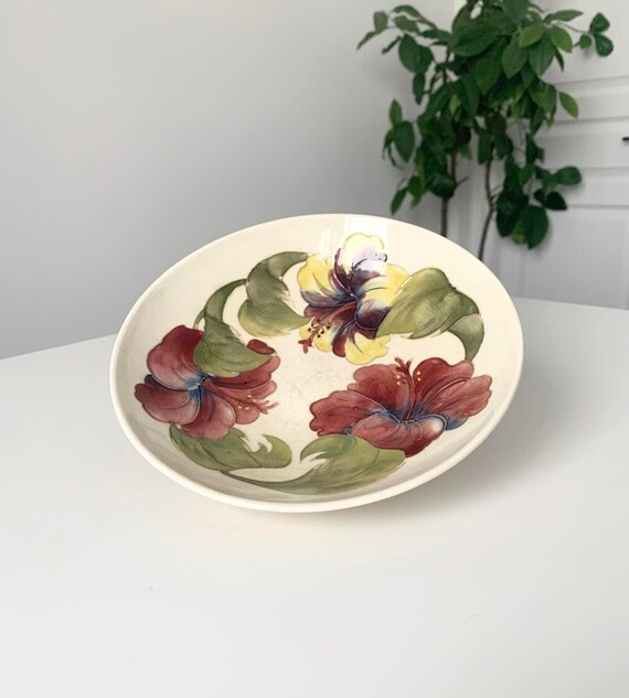 White Moorcroft Pottery Hibiscus Dish - Made in England