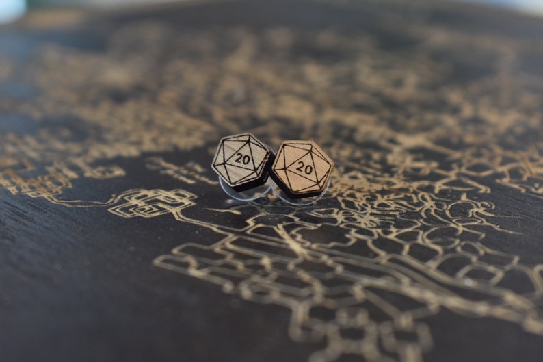 Critical Role Dungeon Master Earrings- Geeky Gifts Geek Earrings D20 Wood Earrings Dungeons and Dragons Polyhedral Dice Earrings
