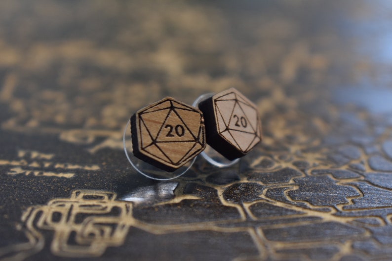 Critical Role Dungeon Master Earrings- Geeky Gifts Geek Earrings D20 Wood Earrings Dungeons and Dragons Polyhedral Dice Earrings