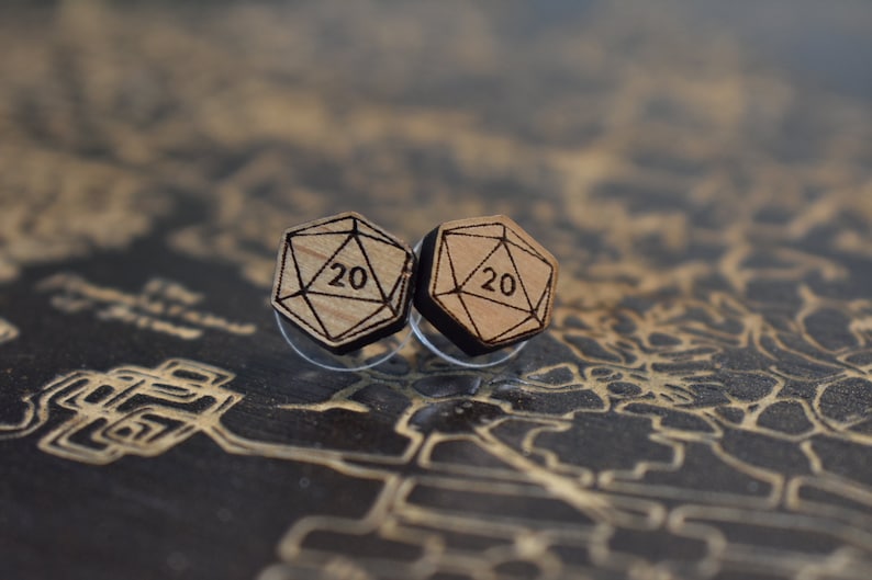 Critical Role Dungeon Master Earrings- Geeky Gifts Geek Earrings D20 Wood Earrings Dungeons and Dragons Polyhedral Dice Earrings