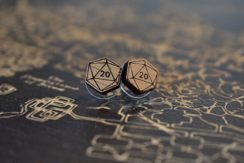 Critical Role Dungeon Master Earrings- Geeky Gifts Geek Earrings D20 Wood Earrings Dungeons and Dragons Polyhedral Dice Earrings