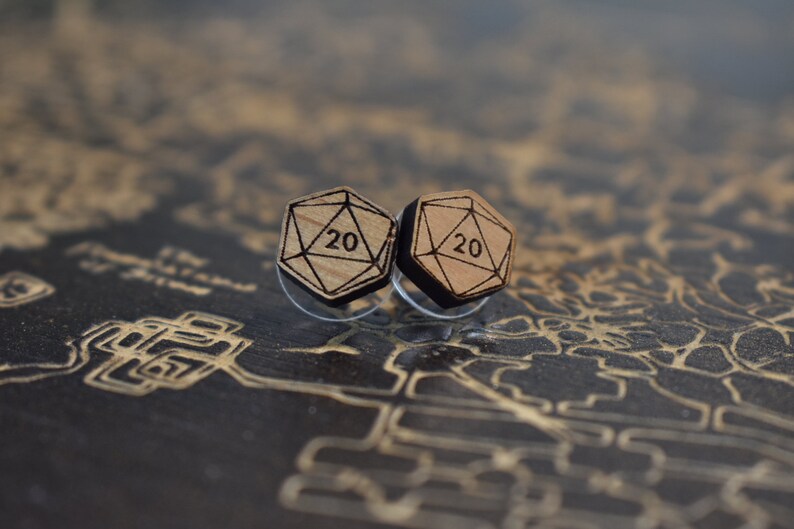 Critical Role Dungeon Master Earrings- Geeky Gifts Geek Earrings D20 Wood Earrings Dungeons and Dragons Polyhedral Dice Earrings