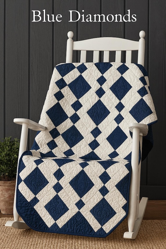 Handmade Blue Diamonds Quilt – Chandelier Patchwork Pattern – Cozy Farmhouse Throw Blanket – Heirloom Gift