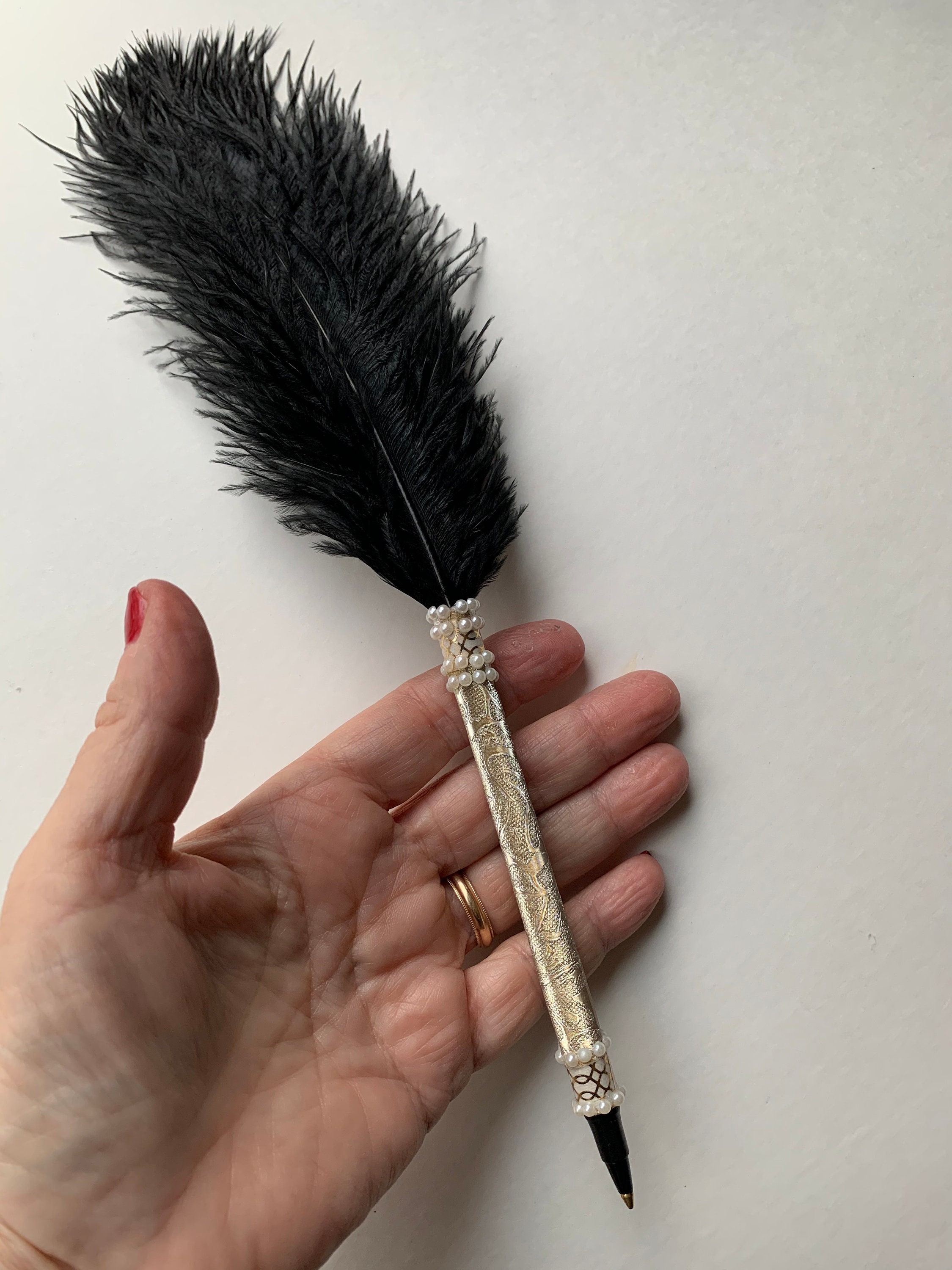 Handmade Ostrich Feather Pen Black Feather/Gold Sparkle Trim Etsy
