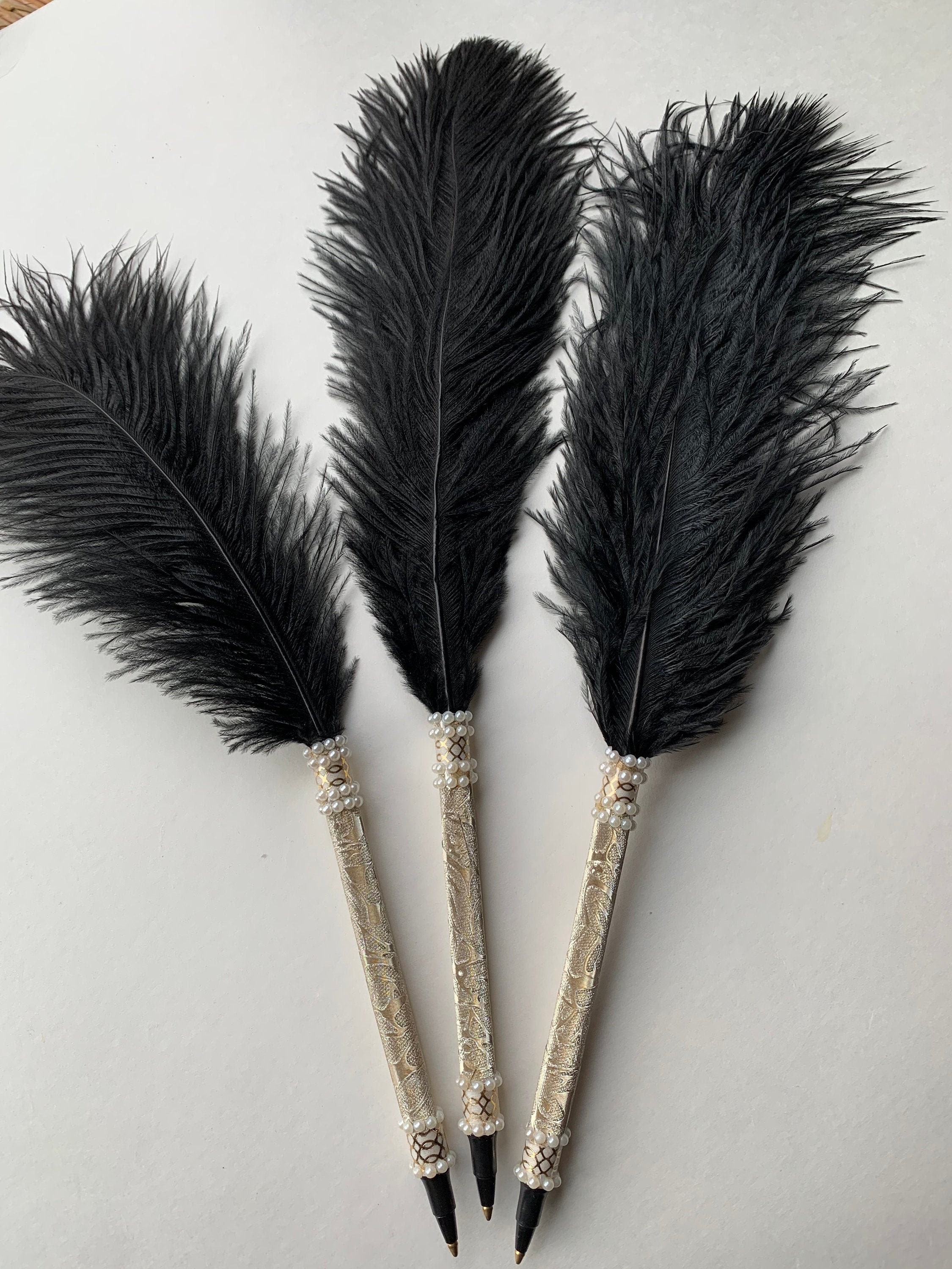 Handmade Ostrich Feather Pen Black Feather/Gold Sparkle Trim Etsy