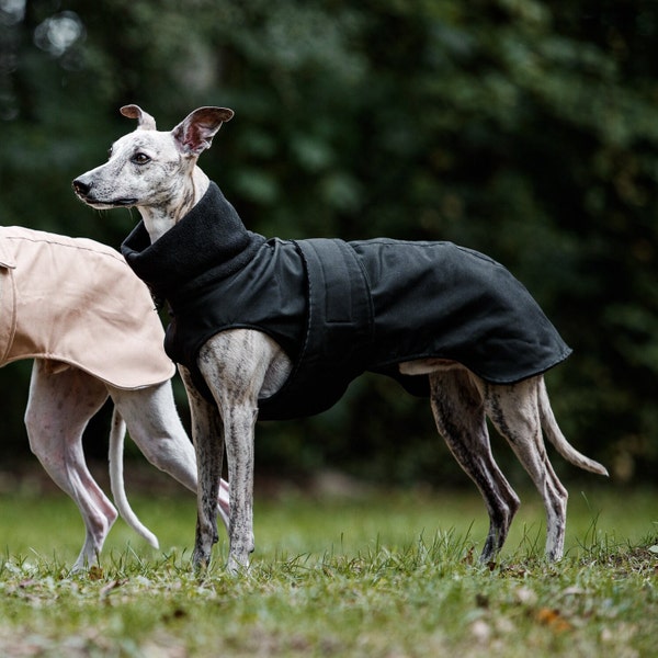 Schwarzer wasserdichter Wintermantel für Whippet, Windhunde und andere Hunde