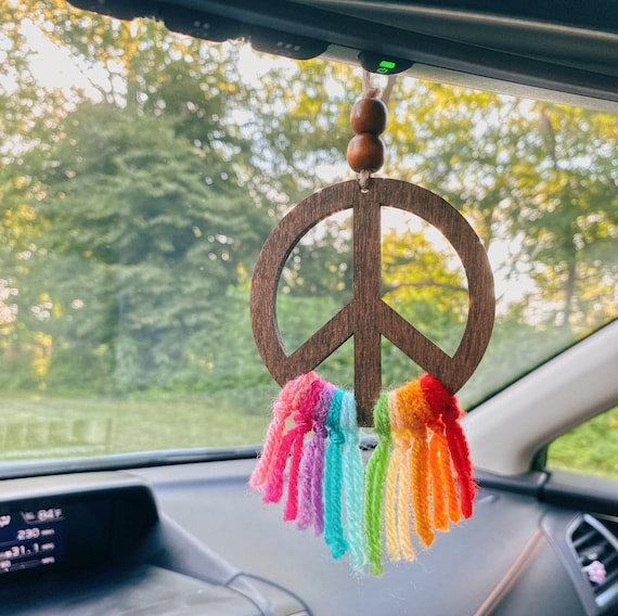 boho peace sign car charm - rainbow car accessories- bohemian retro rear  view mirror hanging - hippie