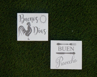 Spanish Kitchen Wood Sign, Buenos Dias, Buen Provecho, Set of 2