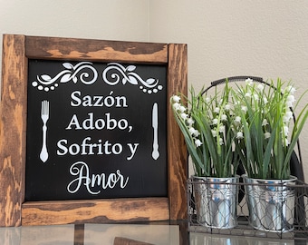Spanish Kitchen Sign, Sazon Adobo Sofrito, Wooden Home Decor