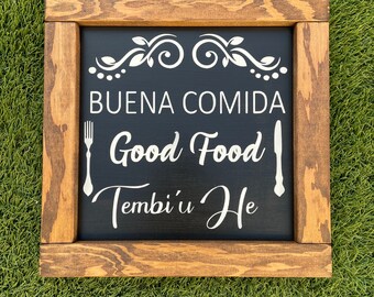 Spanish Kitchen Sign, Buena Comida, Wood Frame, 12x12