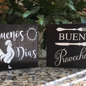 Spanish home decor,Buenos Dias, home and living, wood signs, wood blocks, cocina, kitchen, Spanish decor, good morning, buen provecho,food