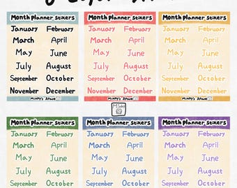 May include: Six color stickers with the text "6 color stickers" at the top. Each sticker has a different colored border and lists the months of the year. The text "Month planner stickers" is at the top of each sticker.