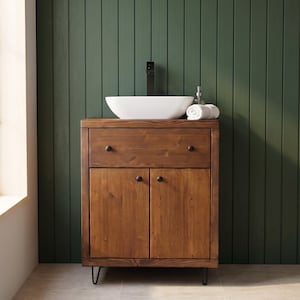 Contemporary Wooden Bathroom Vanity Unit With Drawer & Cupboard Doors - Walnut Finish
