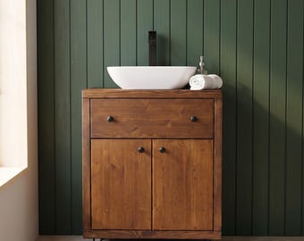 Contemporary Wooden Bathroom Vanity Unit With Drawer & Cupboard Doors - Walnut Finish